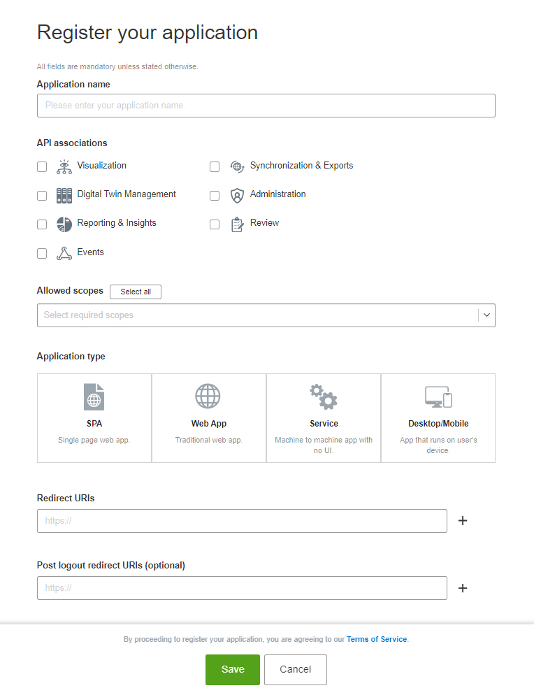 Application registration form